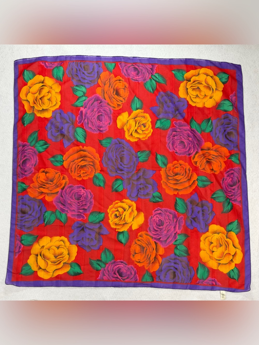 Italian Bold Botanical Rose Print Scarf Bright Purple Yellow Jewel Tone Red 31”